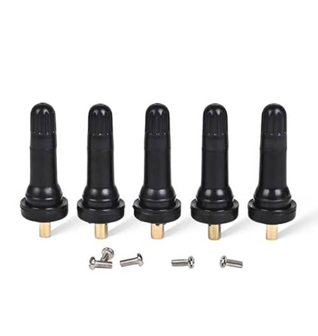 Five black snap-in tire valve stems with brass bases and included screws