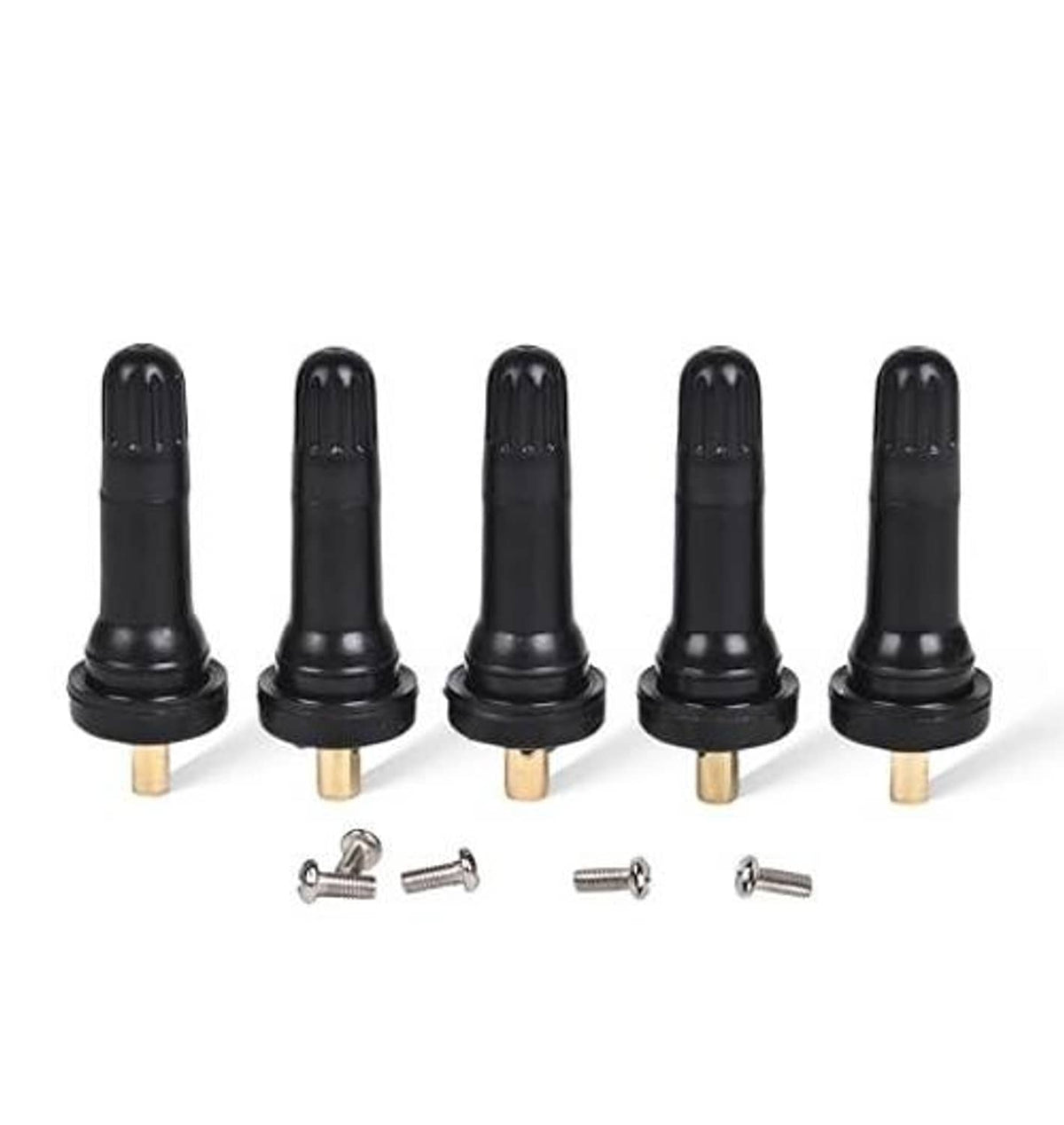 Five black snap-in tire valve stems with brass bases and included screws