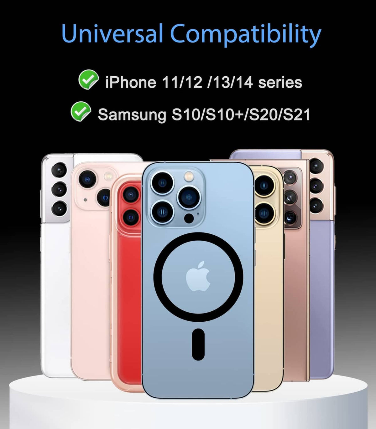 Black circular metal ring sticker on multiple phone backs, centered ring design