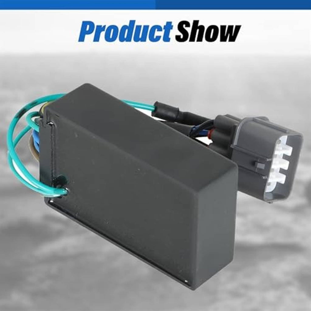 Black CDI box module angled with wiring leads and gray multi-pin socket