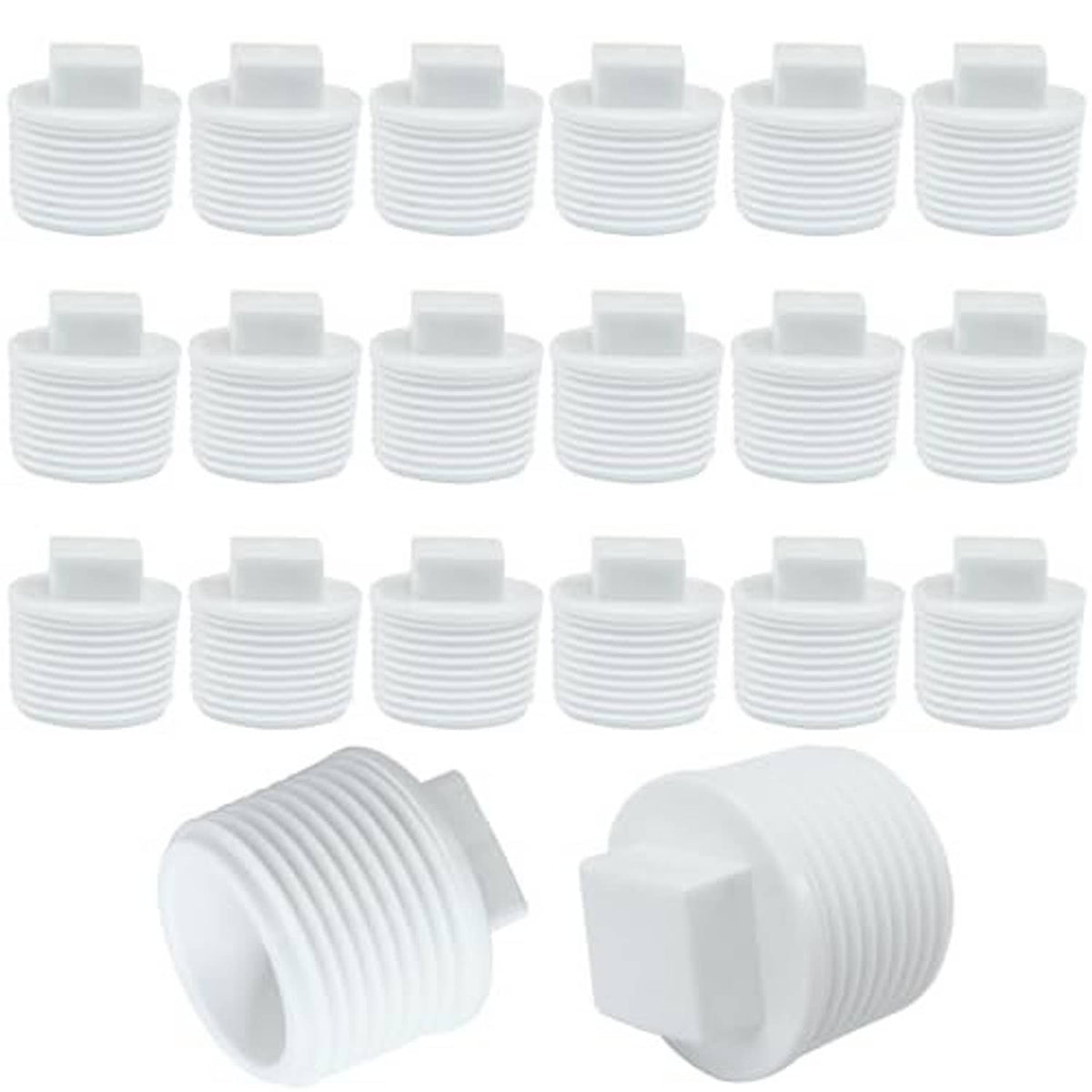 White PVC male threaded pipe end cap plugs, multi-pack layout