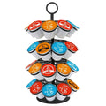 Black K-cup pod carousel holder with colorful capsules on 4-tier stand