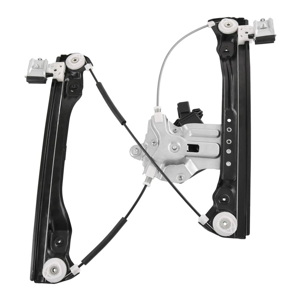 Window regulator with motor, black side rails with white connector housings
