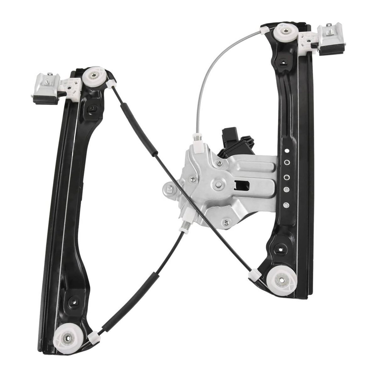 Window regulator with motor, black side rails with white connector housings