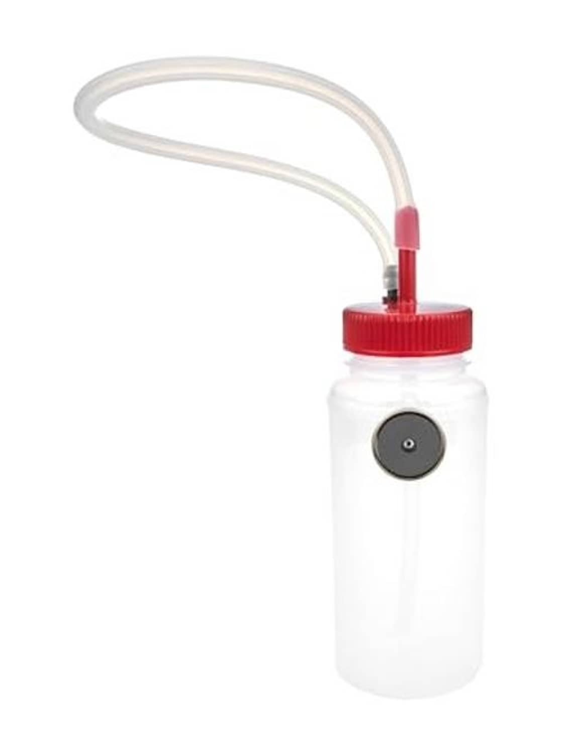 Clear bleeder bottle with red cap and dark magnetic valve button
