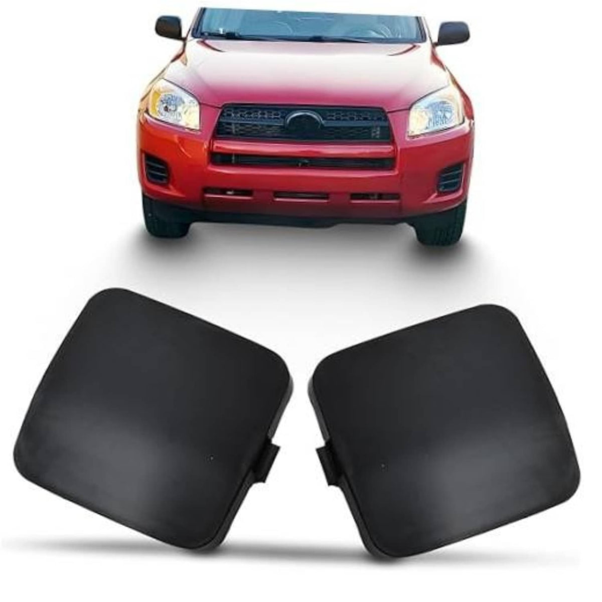 Pair of black front bumper tow hook eye cover caps, left and right