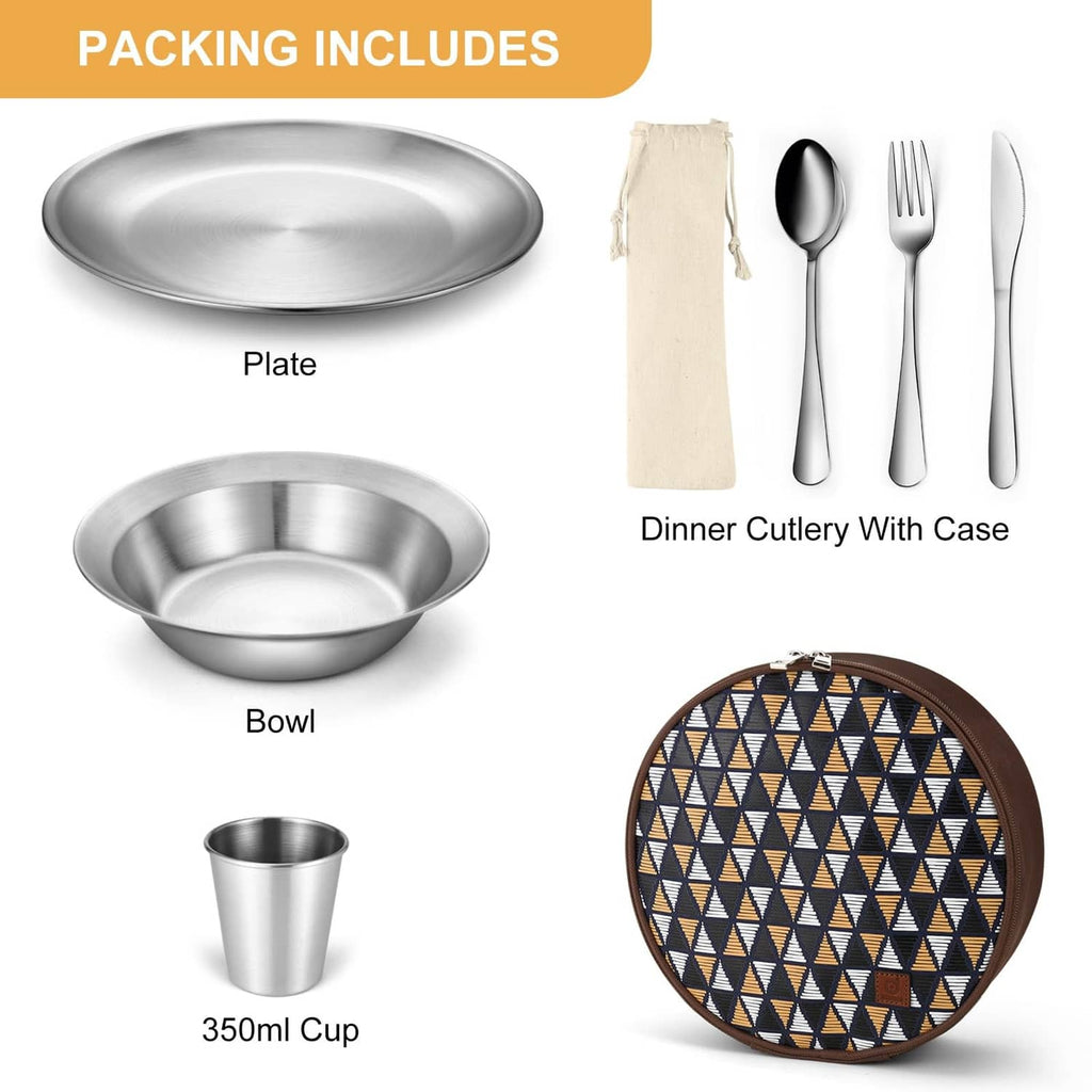 Stainless steel camping mess kit accessories: plate, bowl, cup, cutlery, and patterned case