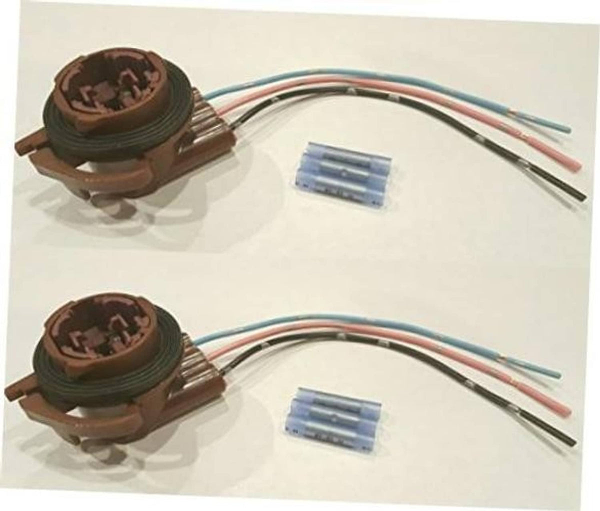 Set of two wire harness light socket pigtail kits with brown connectors and colored wires