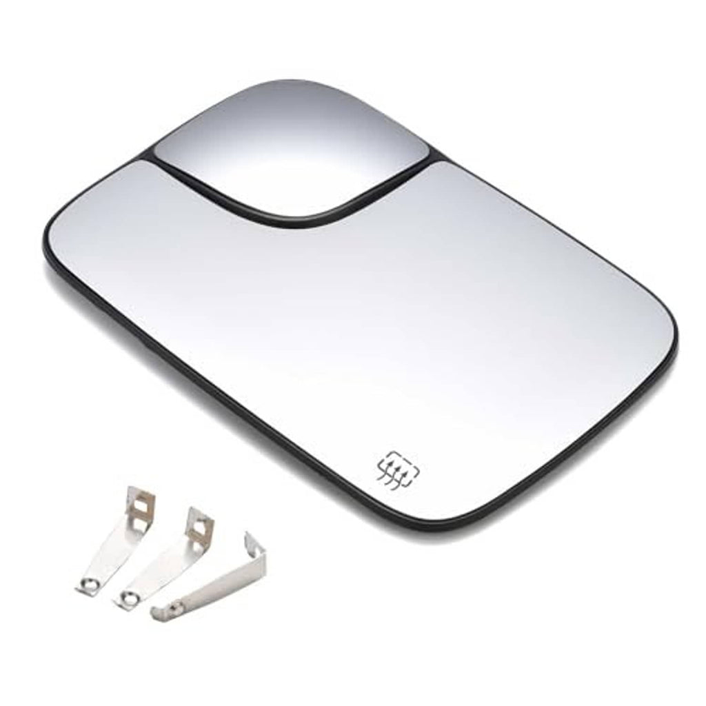 Heated left driver side mirror glass with mounting clips, curved clear panel