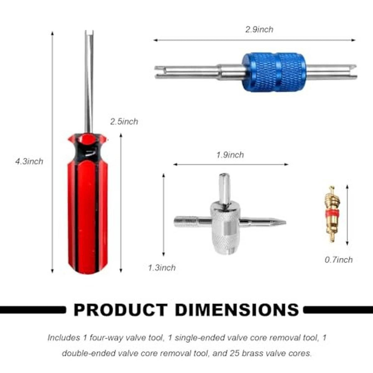 Tire valve core removal tools with dual-ended remover and product dimensions diagram