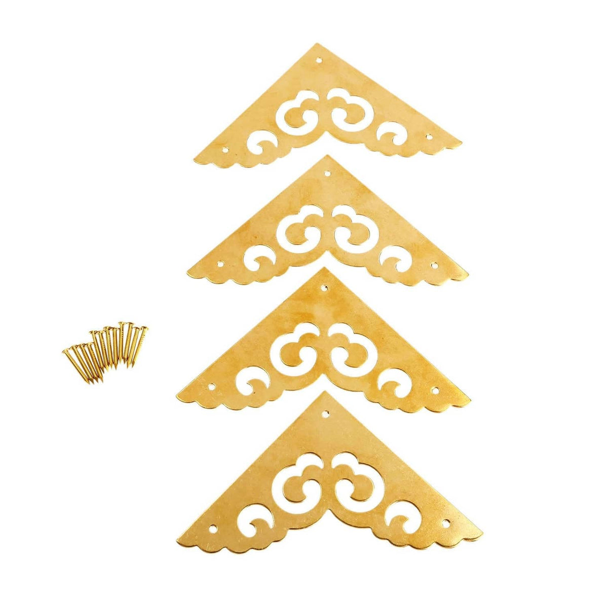 Brass table corner bracket set with decorative scroll cutouts and mounting holes, includes screws