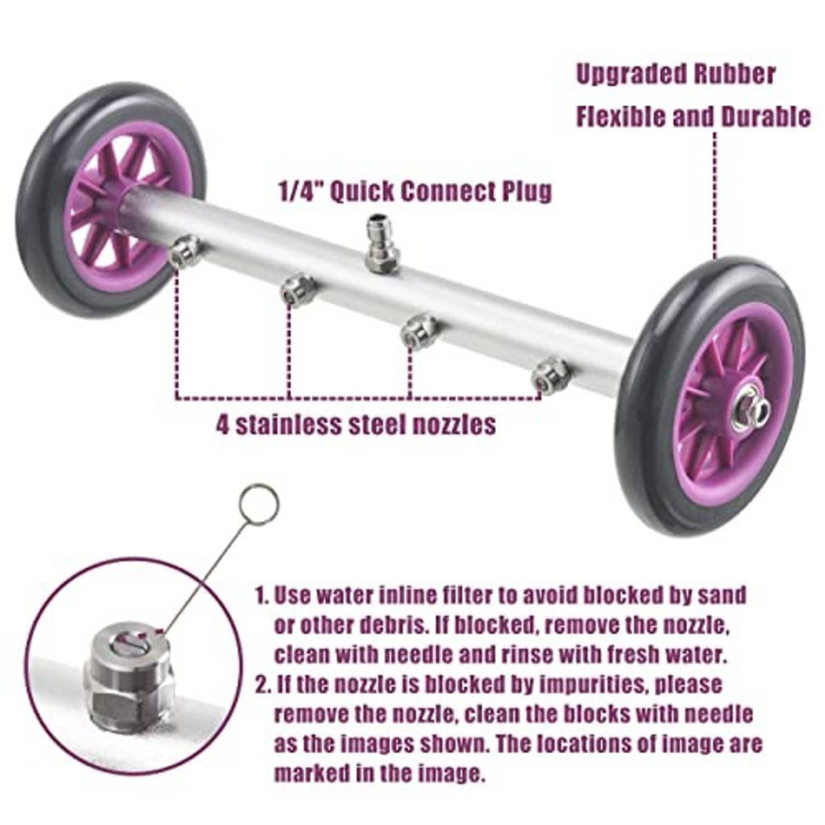Undercarriage cleaner with 1/4 in quick-connect plug, rubber wheels, and 4 stainless nozzles