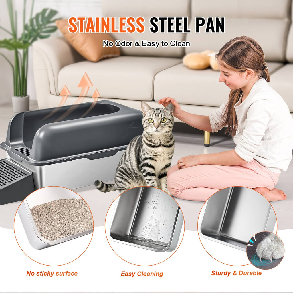 Cat litter box with removable stainless-steel pan and side opening, cat and person