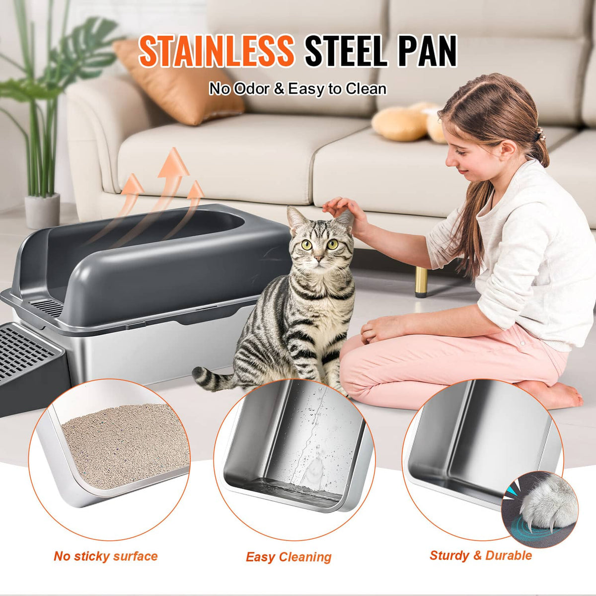 Cat litter box with removable stainless-steel pan and side opening, cat and person