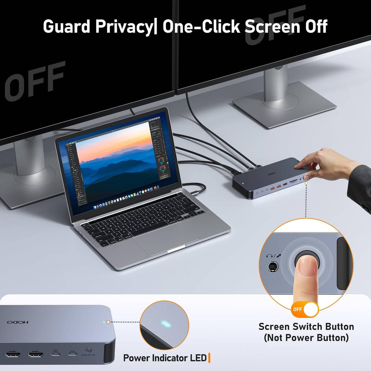 Gray privacy-focused laptop docking station with screen-off switch and power indicator LED.