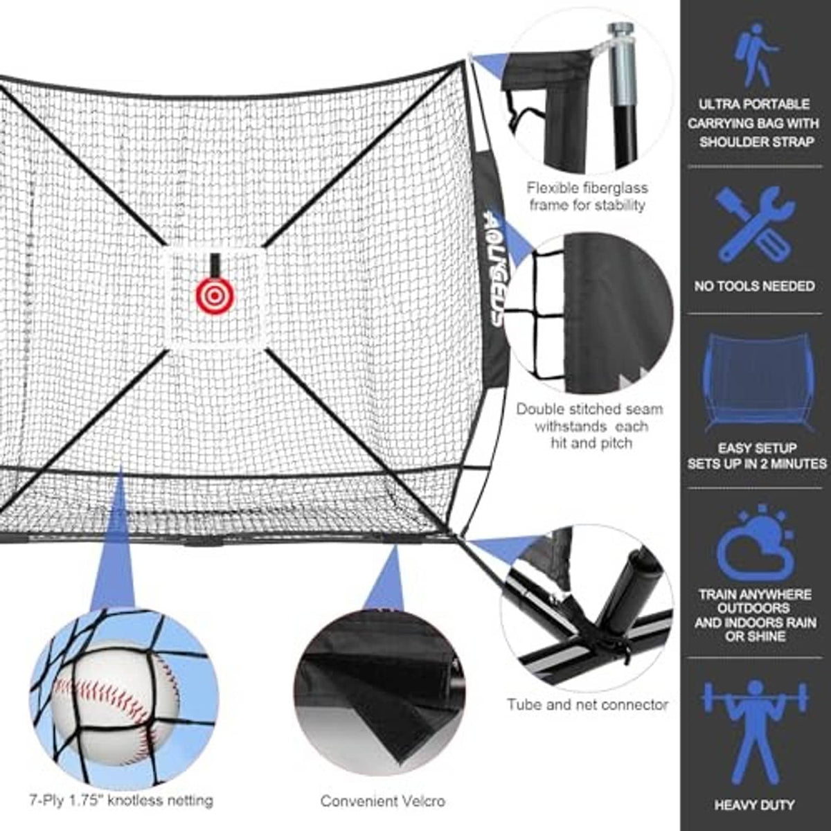 Portable black baseball practice net with strike target, connector and tubing set