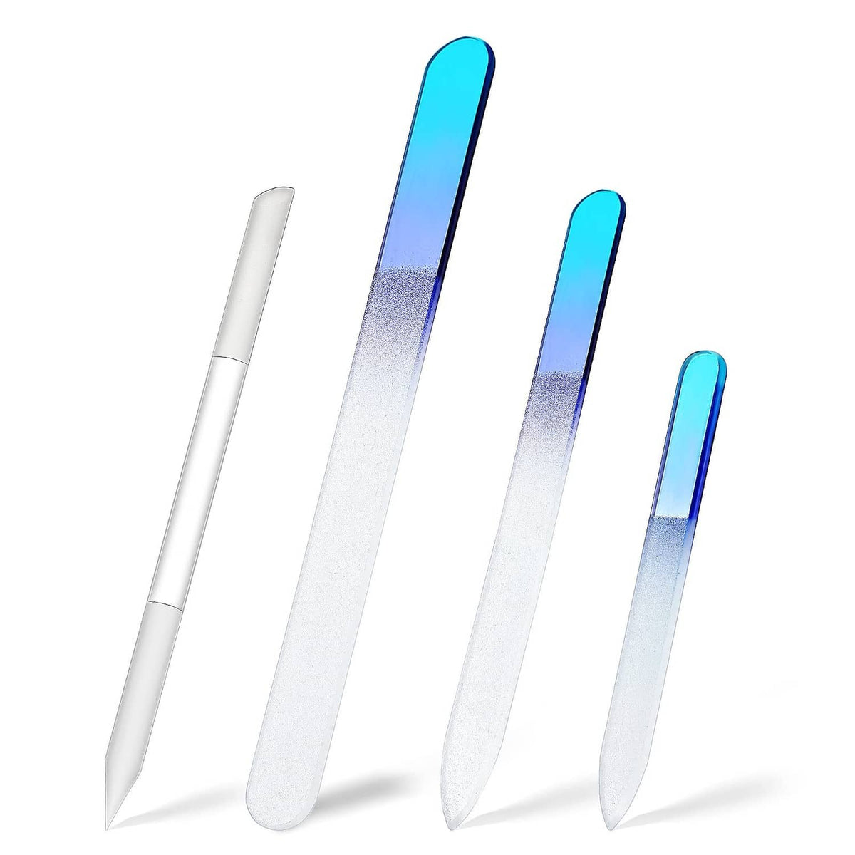 Set of four blue-and-white glass nail files with pointed end and smooth edge