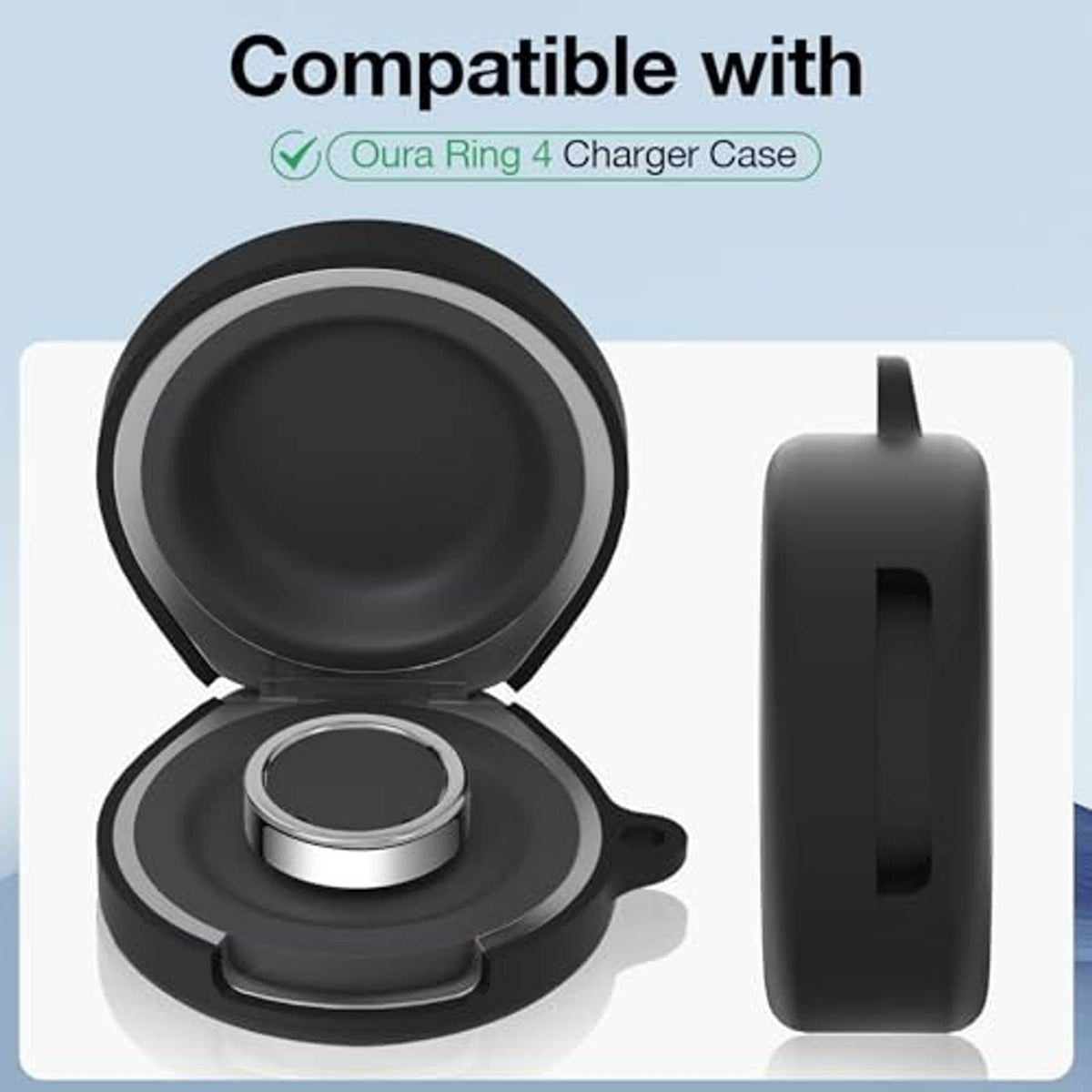 Black silicone charging case cover open, revealing circular charging port with metal rim.