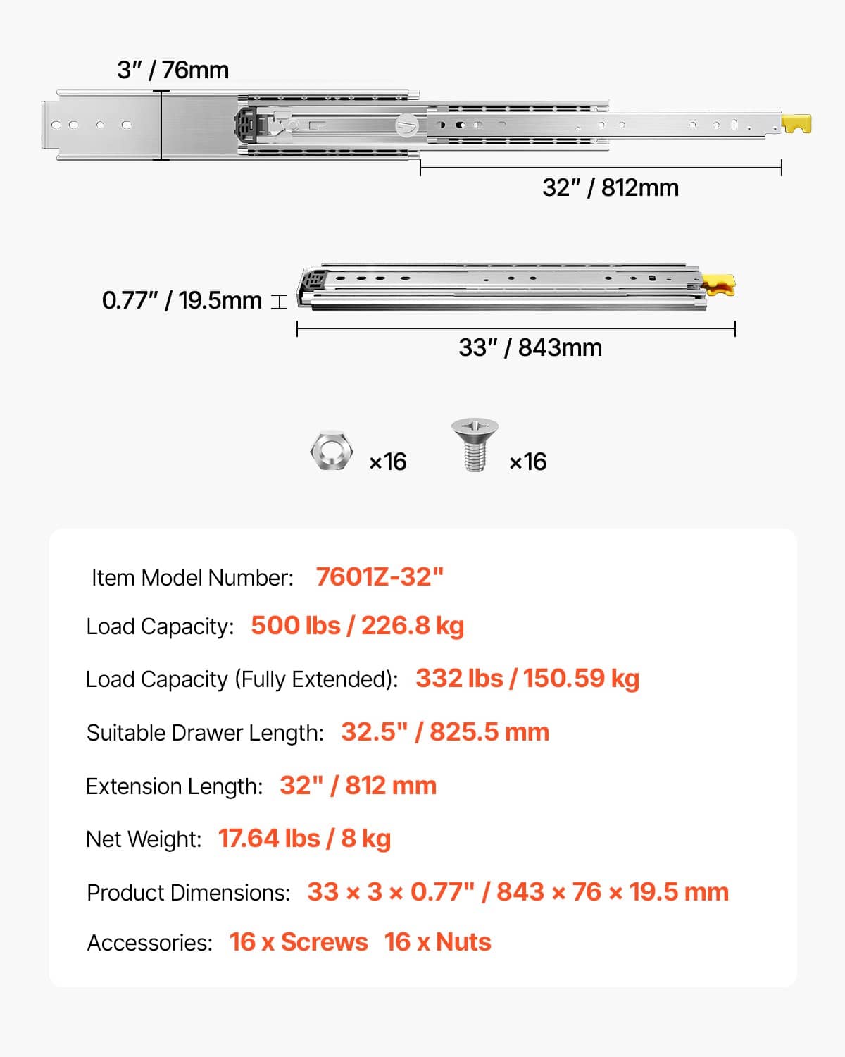 32-inch soft-close drawer slide dimensions and hardware listing with ball bearing rails