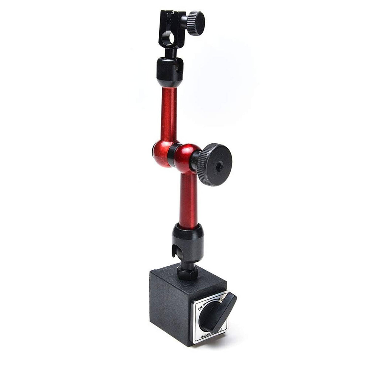 Adjustable magnetic base dial holder with red multi-joint arm and black knobs
