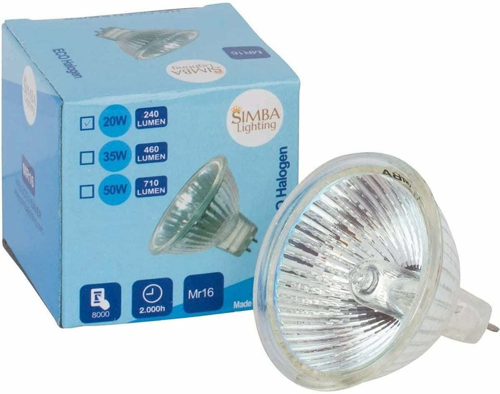 Simba Lighting MR16 halogen bulb packaging with clear GU5.3 spotlight bulb