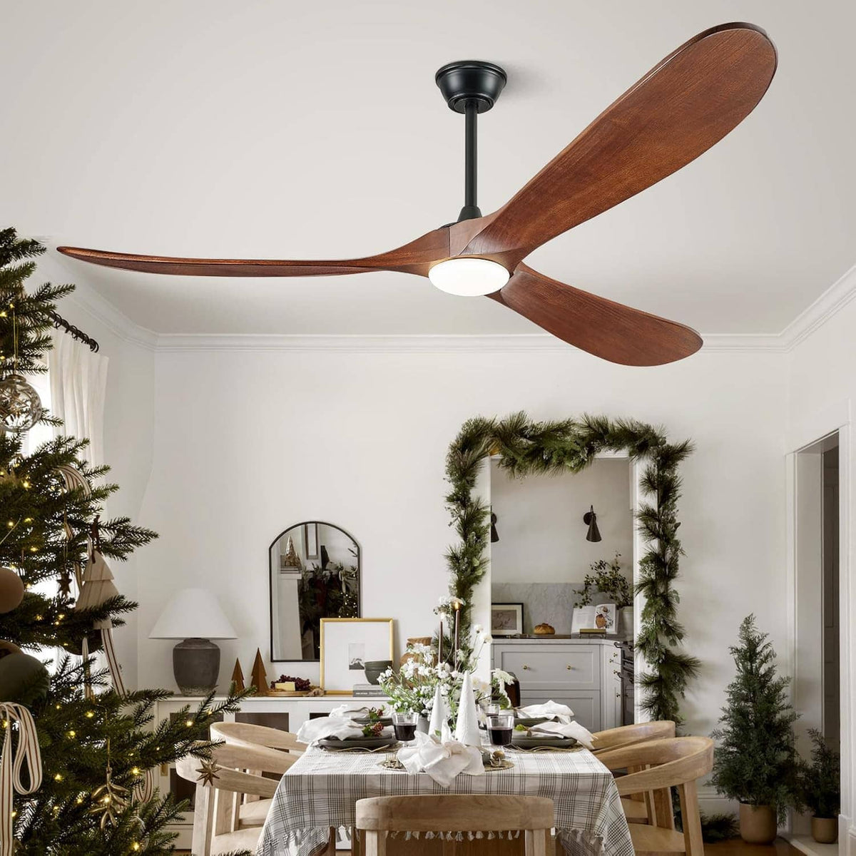 Ceiling fan with light and walnut brown three wood blades on black downrod