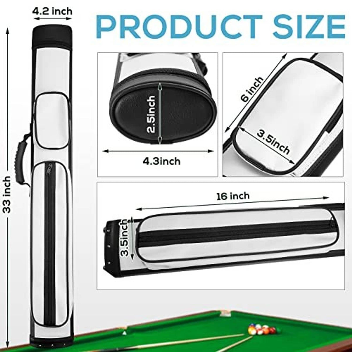 Hard oval pool cue case size diagram with black trim and white outer panel