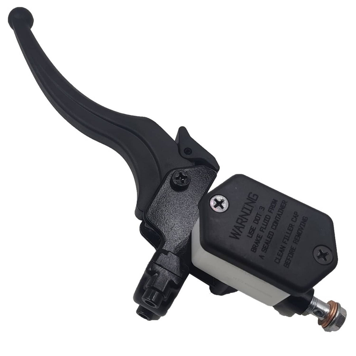 Front brake master cylinder lever assembly with reservoir, black metal and plastic