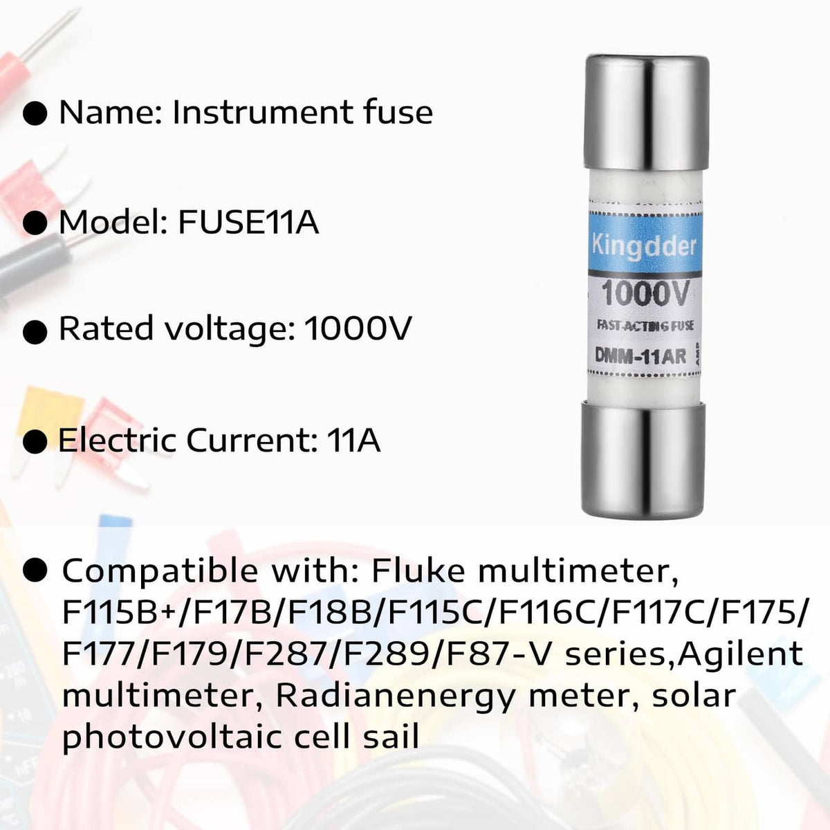 Kingdder instrument fuse, silver metal ends and blue 1000V label, FUSE11A.