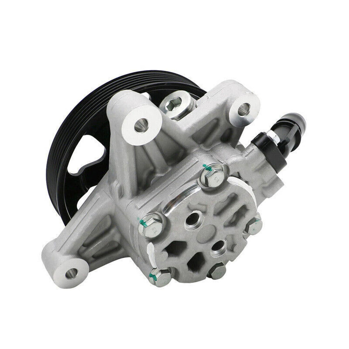 Power steering pump with black pulley and gray mounting plate, connector port visible