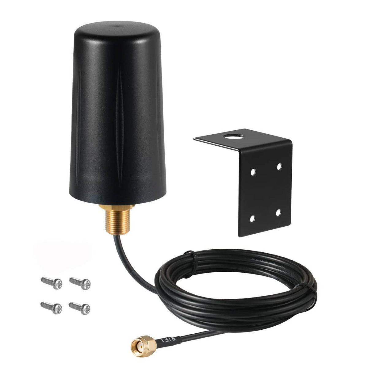 Black cylindrical WiFi antenna kit with wall bracket, coax cable, and gold plug