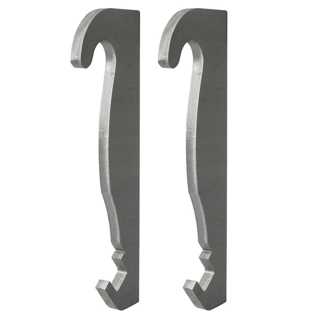Two dark gray steel quick-attach brackets with tall arched cutouts and bottom latch
