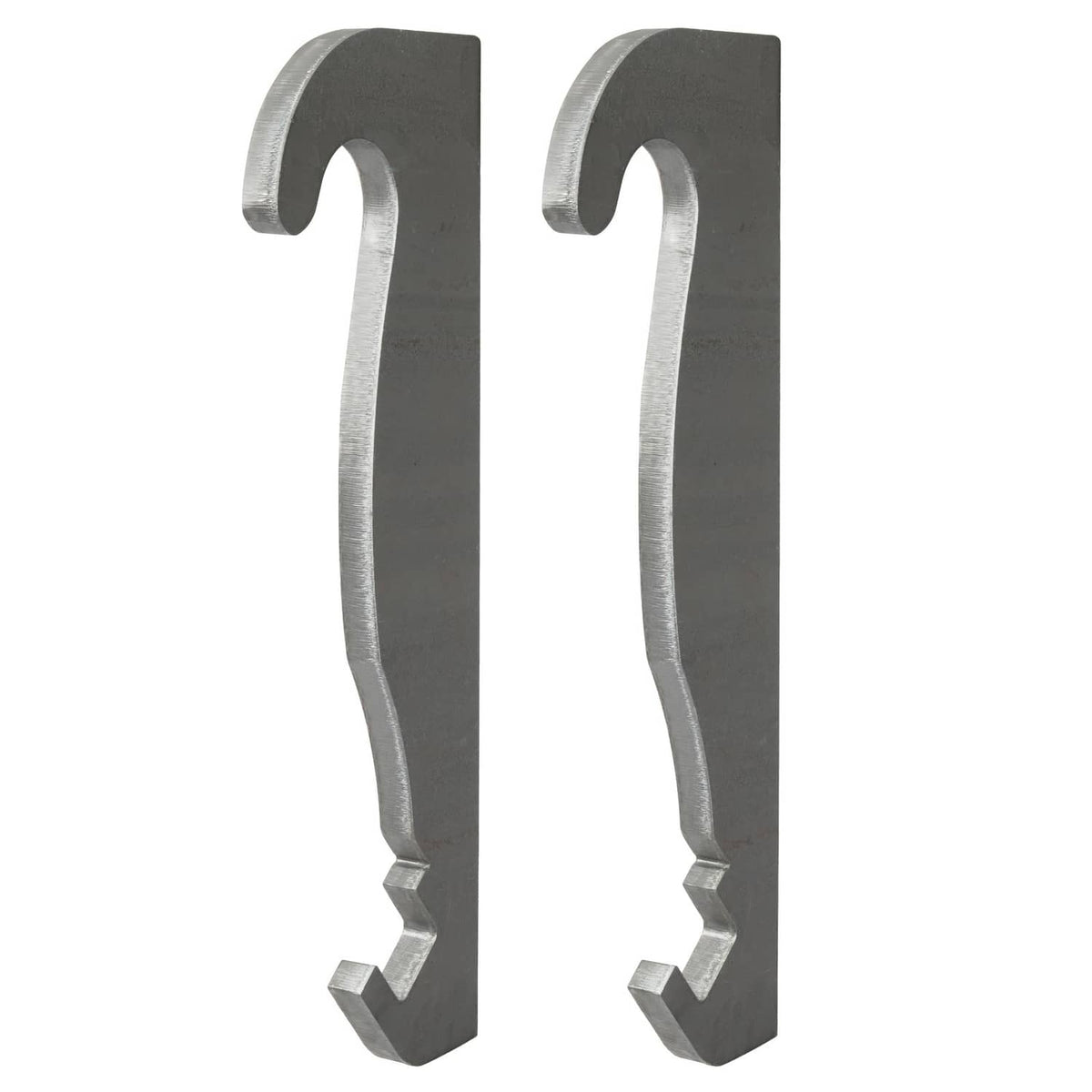 Two dark gray steel quick-attach brackets with tall arched cutouts and bottom latch
