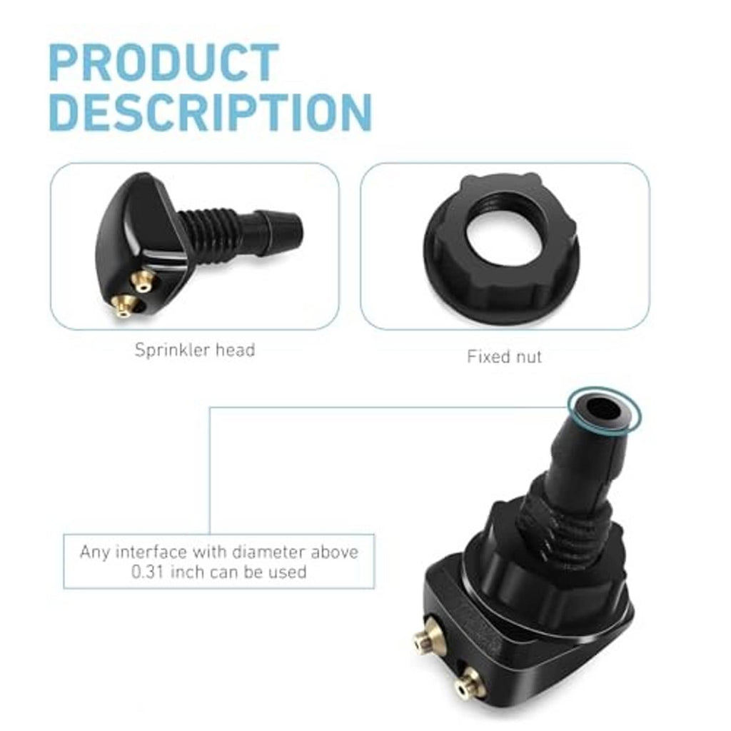 Black windshield washer nozzle with knurled body and fixed mounting nut