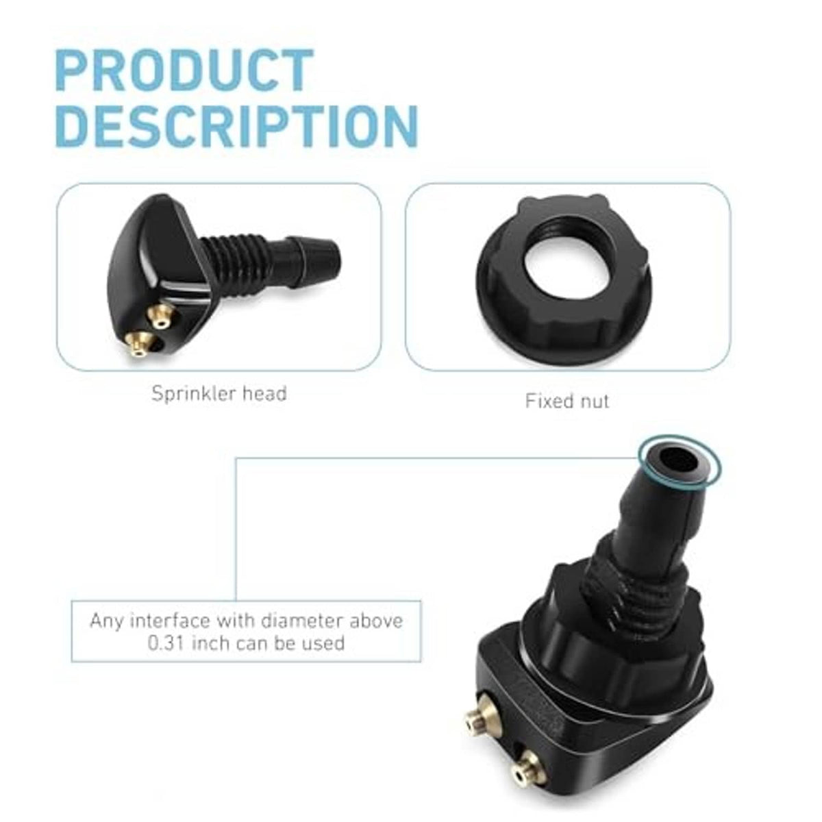 Black windshield washer nozzle with knurled body and fixed mounting nut