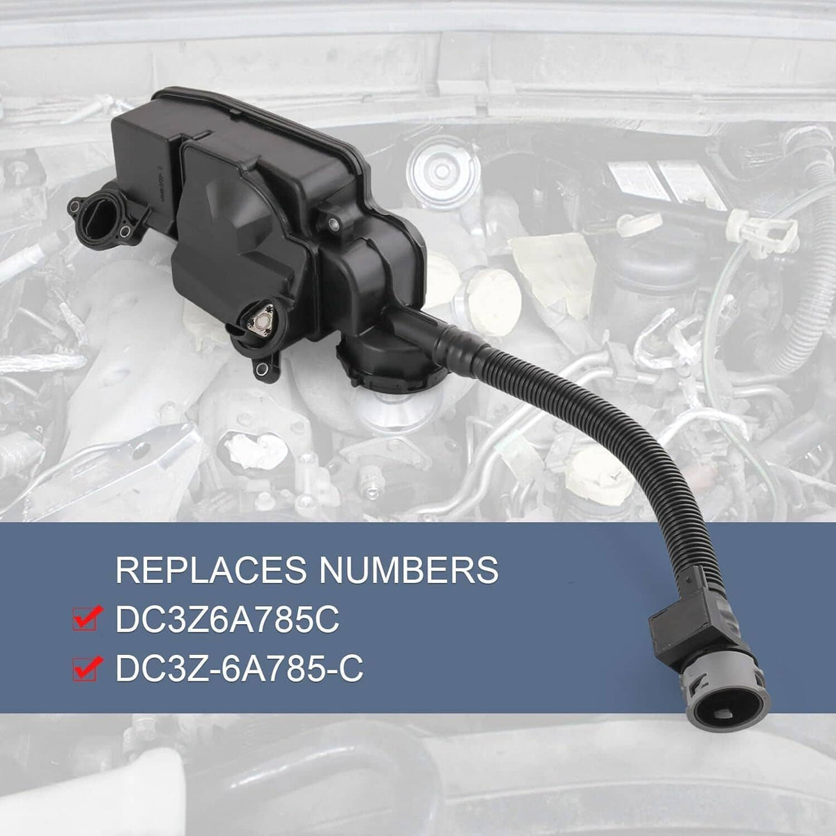 Black oil separator assembly with connected flex hose and mounting tabs