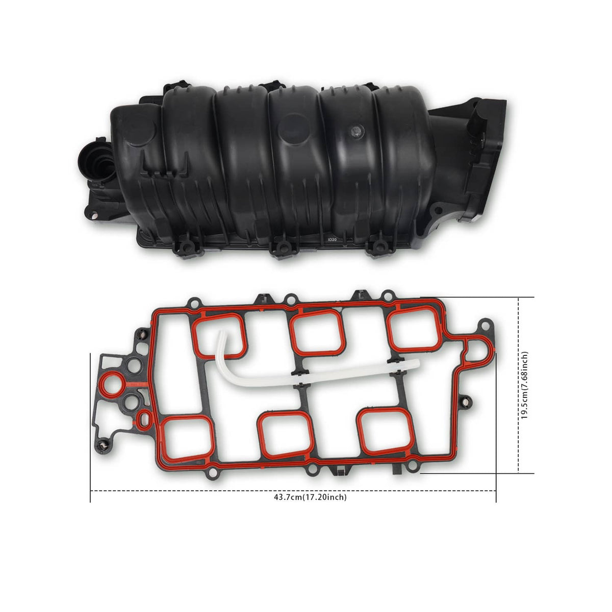 Black intake manifold with matching white gasket sheet and red sealing outline