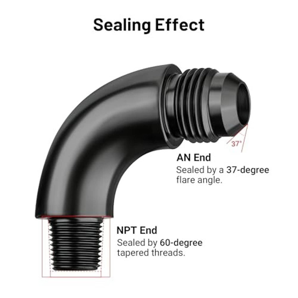 Black 90° elbow fitting, AN 37° flare seal to 1/8 NPT 60° taper threads