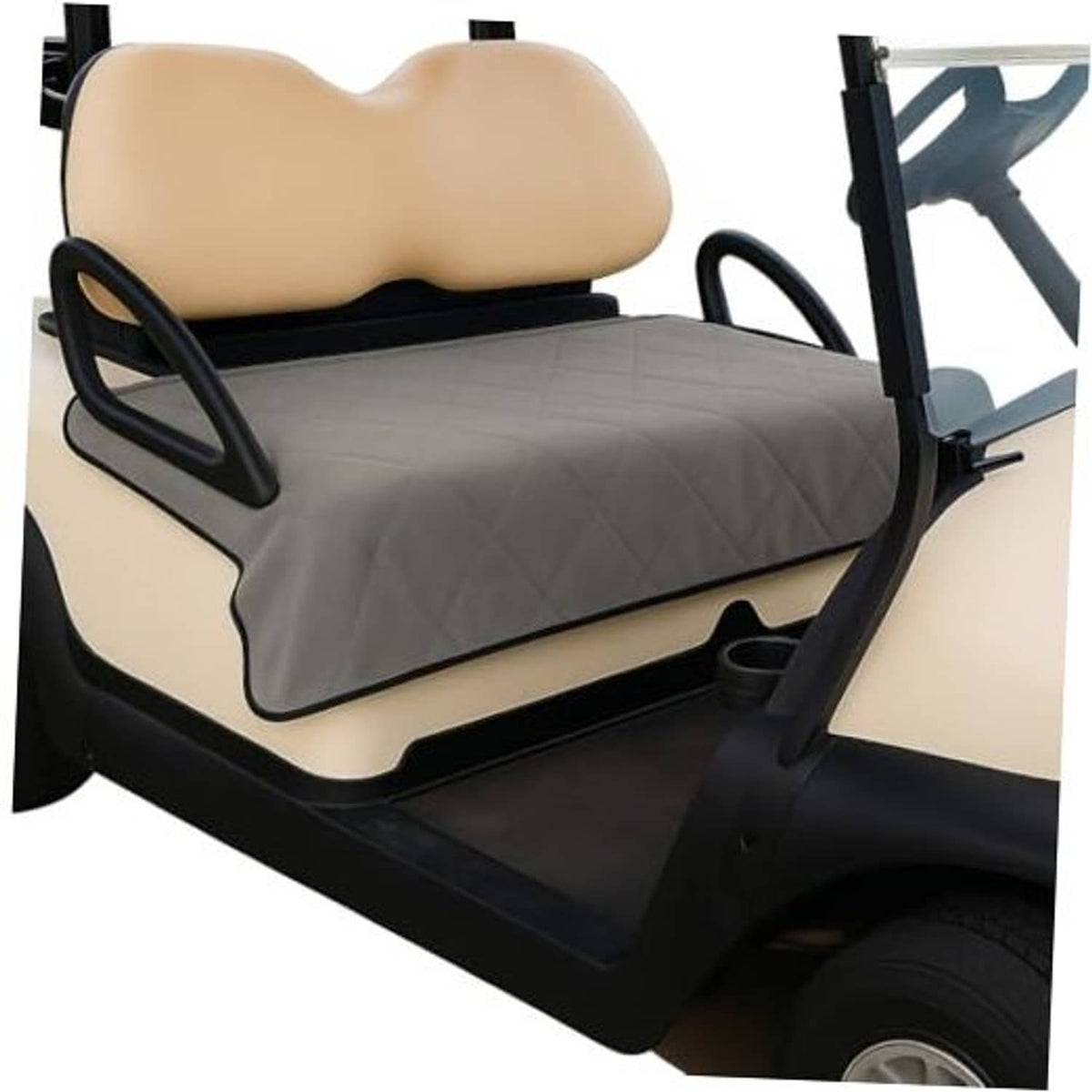 Gray quilted golf cart seat cover with black side handles and snug fit
