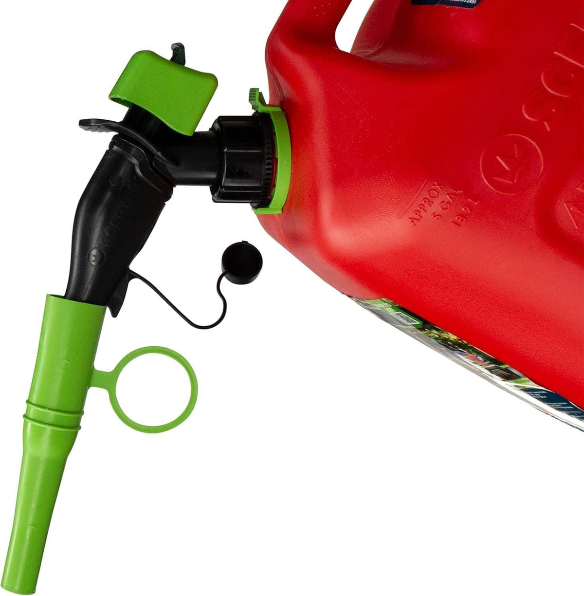 Black spout with green extender tip and pull cord, shown near a fuel cap
