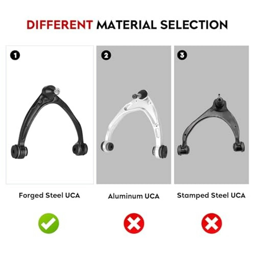 Upper control arm material options shown: forged steel, aluminum, and stamped steel.