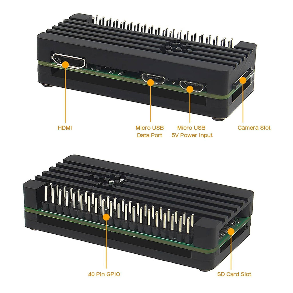 Aluminum heatsink case kit showing multiple ports and exposed pin header on black base