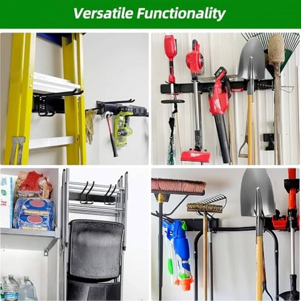 Tool organizer wall rack with hooks holding garden and garage tools