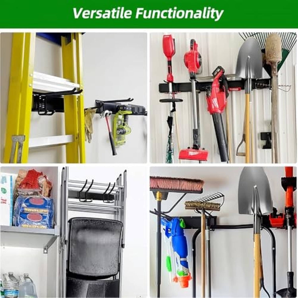 Tool organizer wall rack with hooks holding garden and garage tools