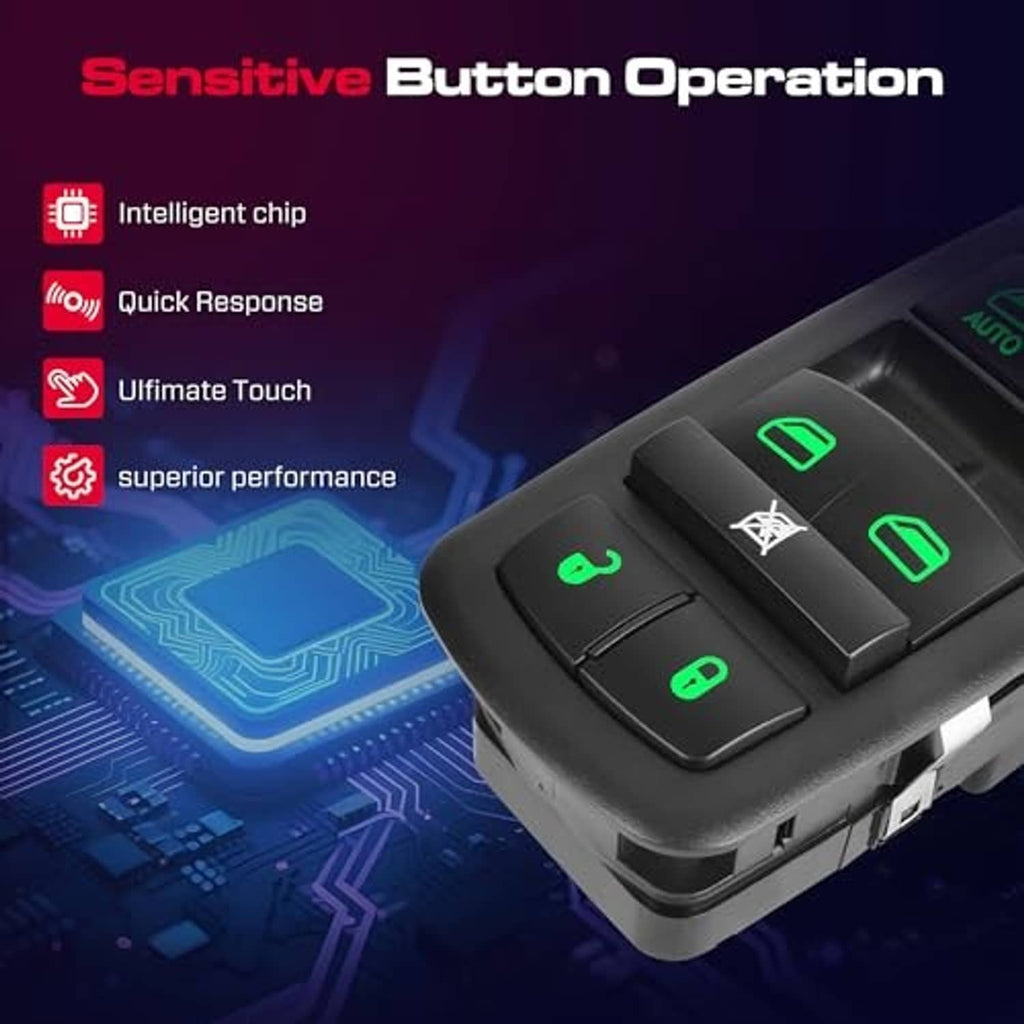 Power window switch close-up with green illuminated button icons on control panel