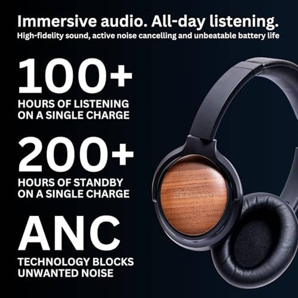 Black over-ear headphones with wooden ear cups and cushioned ear pads