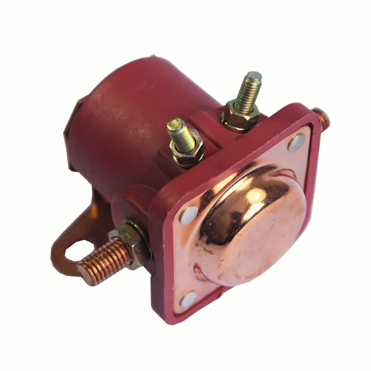 Red 12V solenoid relay with round copper contact plate and mounting bolts