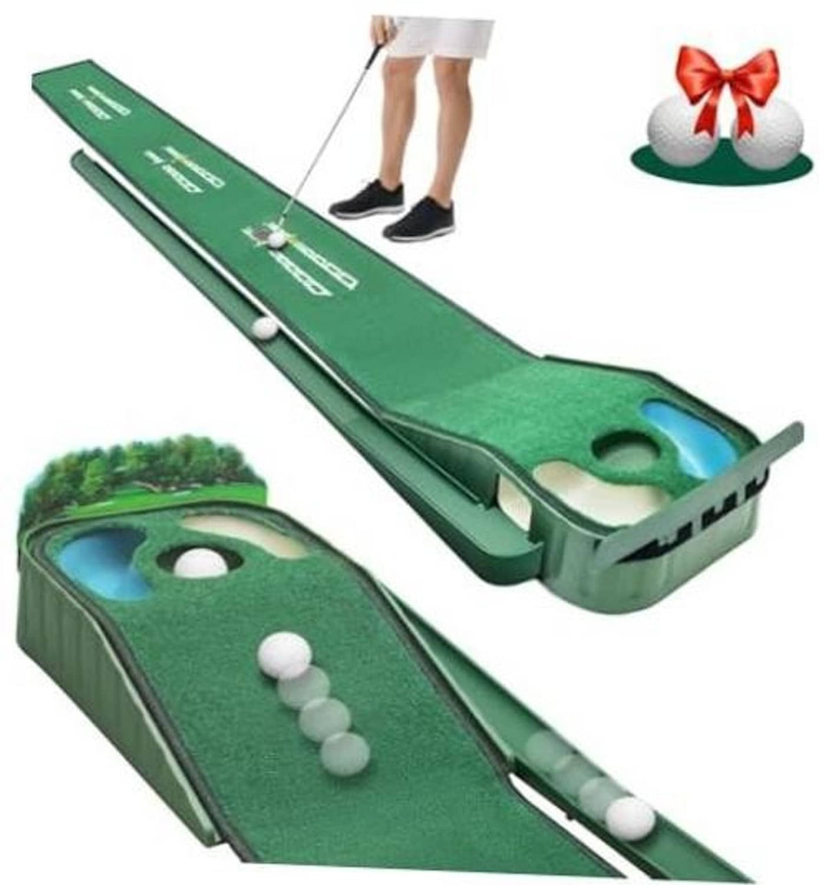 Green golf putting mat with side cup targets, hazard opening, and golf balls for practice.