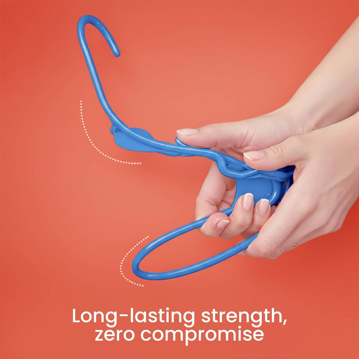 Blue plastic hanger with reinforced curved hook and flexible frame