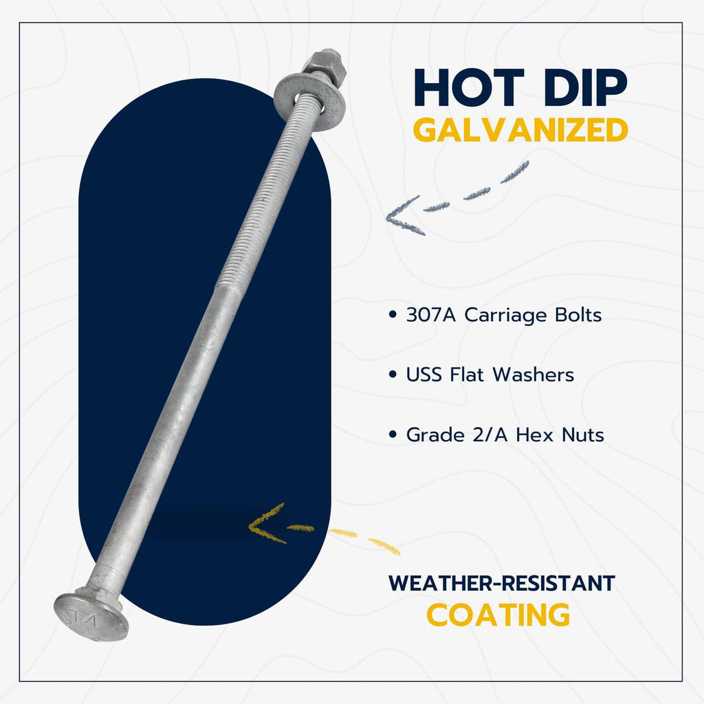 Hot-dip galvanized carriage bolt kit with 307A bolts, flat washers, and hex nuts